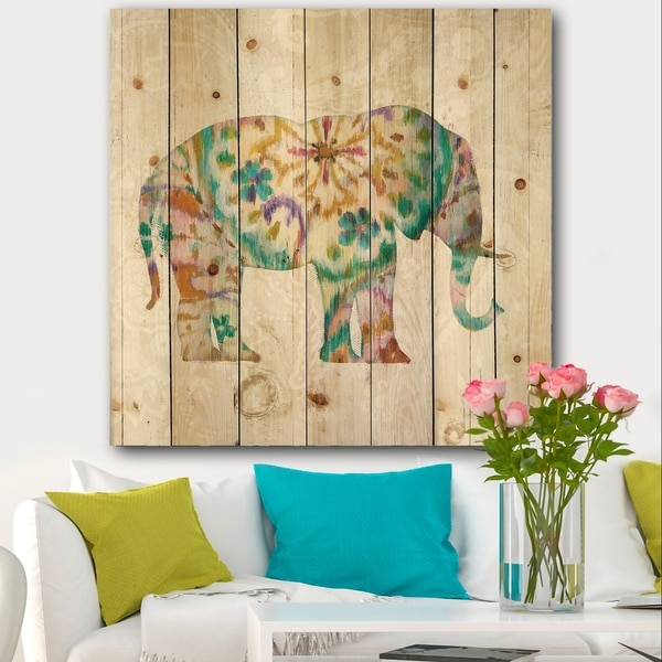 Designart 'Boho Paisley Elephant I' Bohemian & Eclectic Print on Natural Pine Wood - Multi-color