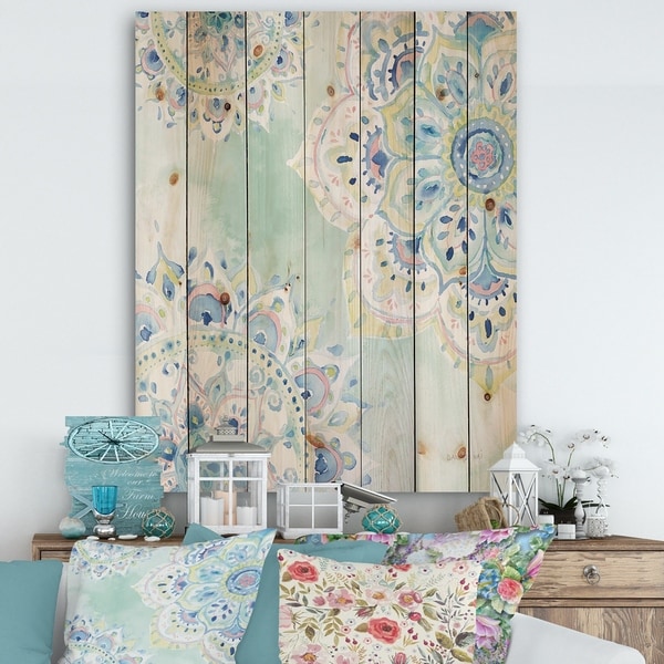 Designart 'Watercolor mandalas IV' Floral & Botanical Print on Natural Pine Wood - Blue/Green