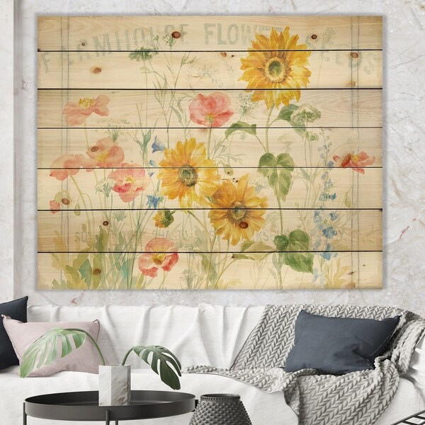Designart 'Floursack Florals I' Floral & Botanical Print on Natural Pine Wood - Multi-color