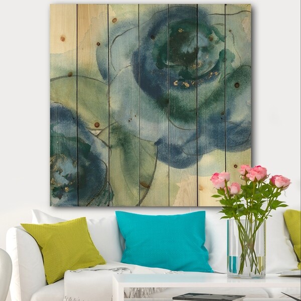 Designart 'Blue Floral Poppies V' Cottage Print on Natural Pine Wood - Blue