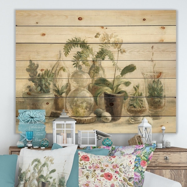 Designart 'Greenhouse Orchids ' Floral Cottage Print on Natural Pine Wood - Grey/Green