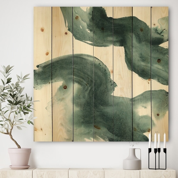 Designart 'Gouache Green on Gray I' Modern & Transitional Print on Natural Pine Wood