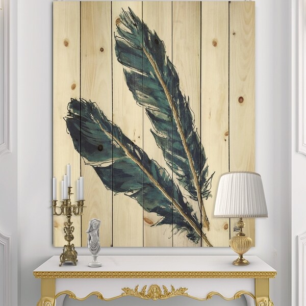 Designart 'Gold Indigo Feathers III' Modern Bohemian Print on Natural Pine Wood - Grey