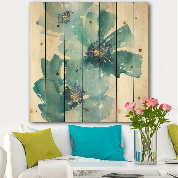 Designart 'Blue Cosmos Indigo I' Farmhouse Print on Natural Pine Wood - Blue