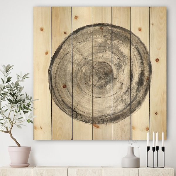 Designart 'Circle natural elements III' Farmhouse Print on Natural Pine Wood - Grey/Black