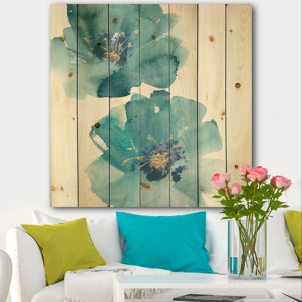 Designart 'Blue Cosmos Indigo II' Farmhouse Print on Natural Pine Wood - Blue
