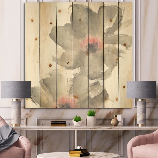 Designart 'Shabby Gray Blush Cosmo I' Shabby Chic Print on Natural Pine Wood - Grey/Pink