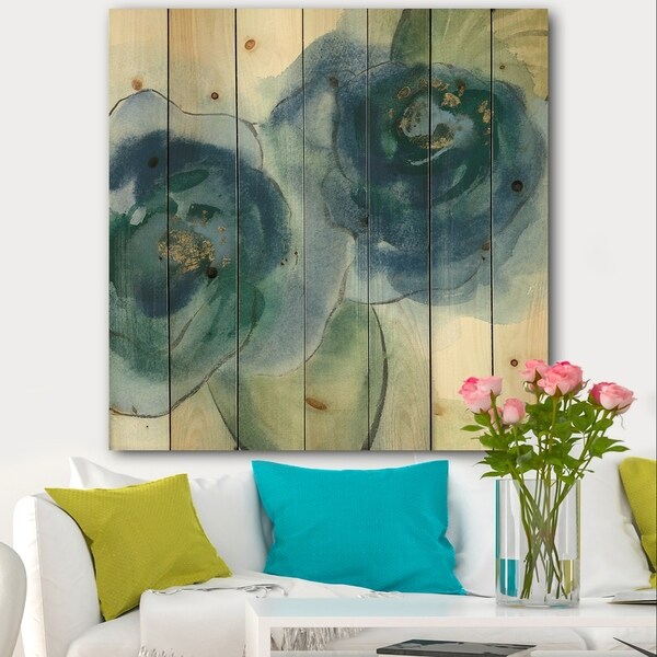 Designart 'Blue Floral Poppies III' Cottage Print on Natural Pine Wood - Blue