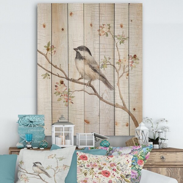 Designart 'Birds on Blossom I' Farmhouse Print on Natural Pine Wood - Multi-color