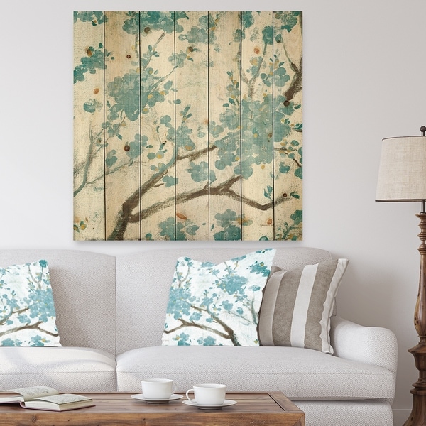 Designart 'Teal Cherry Blossoms I' Traditional Floral Print on Natural Pine Wood - Blue