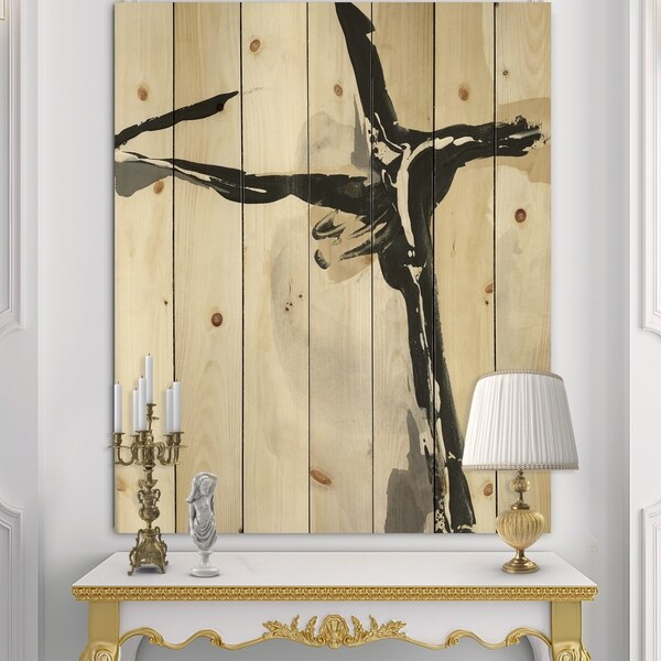 Designart 'Creamy Tan Form I' Modern Glam Print on Natural Pine Wood - Black