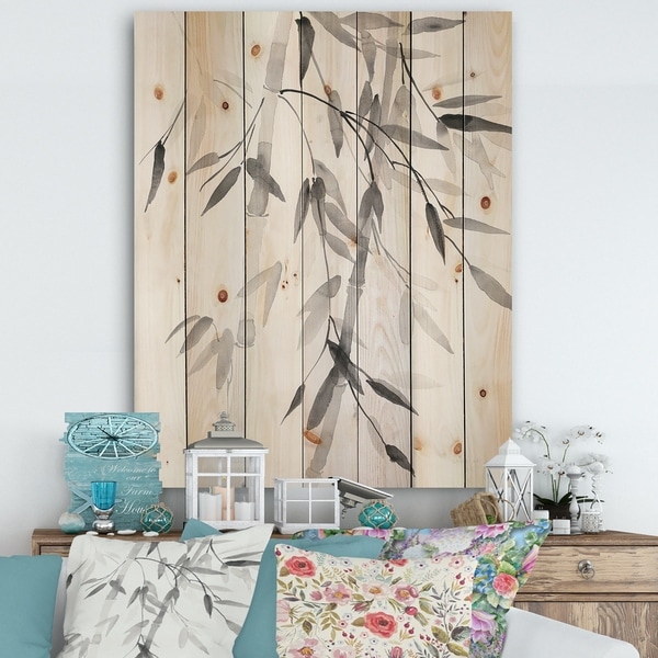 Designart 'Simplist Bamboo Leaves V' Cabin & Lodge Print on Natural Pine Wood - Black/White