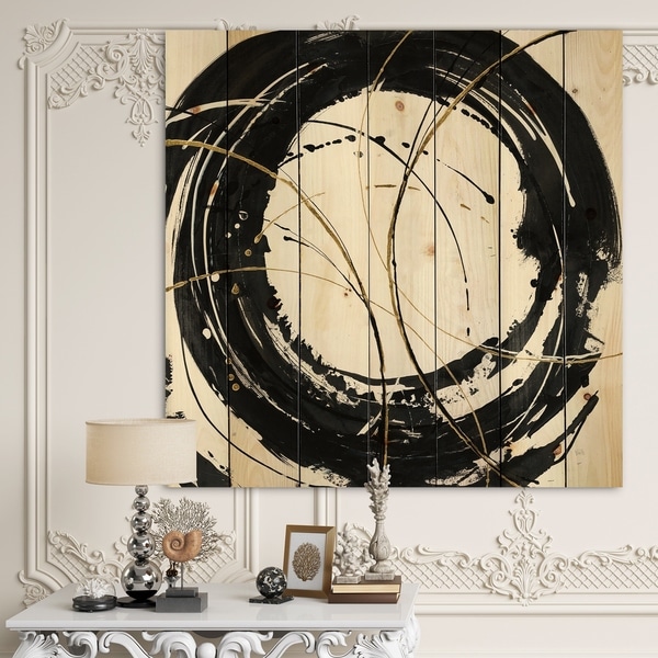Designart 'Gold Metallic Circle' Modern Glam Print on Natural Pine Wood - Black