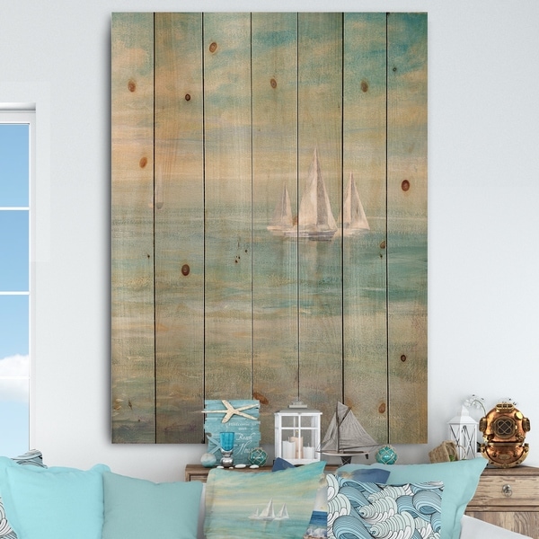 Designart 'Sunrise Boat II' Nautical & Coastal Print on Natural Pine Wood - Blue