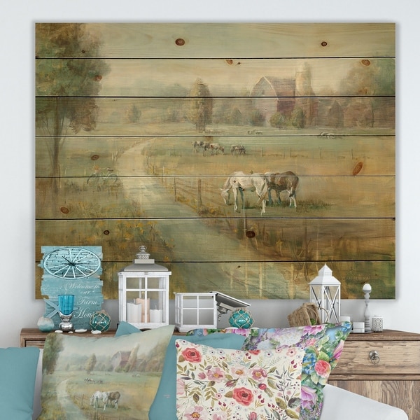 Designart 'Tranquil Country Field' Farmhouse Print on Natural Pine Wood - Green/Brown