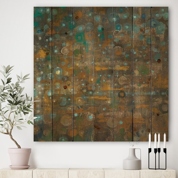 Designart 'Blue and Bronze Dots on Glass IV' Cabin & Lodge Print on Natural Pine Wood - Blue