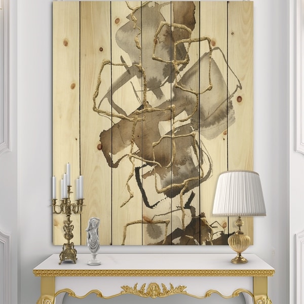 Designart 'Gold Glam Squares III' Modern & Contemporary Print on Natural Pine Wood - Brown