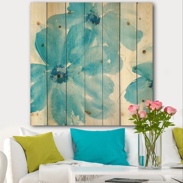 Designart 'Blue Watercolor Flowers' Farmhouse Print on Natural Pine Wood - Blue
