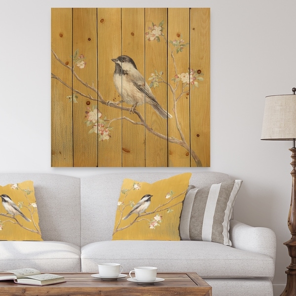 Designart 'Gold Bird on Blossoms IV' Farmhouse Print on Natural Pine Wood - Multi-color