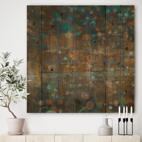 Designart 'Blue and Bronze Dots on Glass III' Cabin & Lodge Print on Natural Pine Wood - Blue