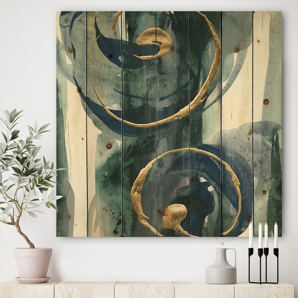 Designart 'Mettalic Indigo and Gold II' Posh & Luxe Print on Natural Pine Wood - Blue