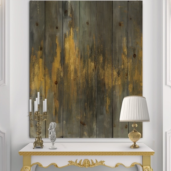 Designart 'Black and Gold Glam Abstract' Modern & Contemporary Print on Natural Pine Wood - Grey