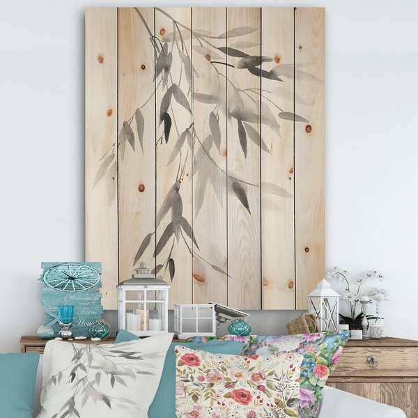 Designart 'Simplist Bamboo Leaves IV' Cabin & Lodge Print on Natural Pine Wood - Black/White