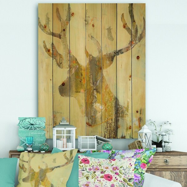 Designart 'Golden Deer II' Modern Farmhouse Print on Natural Pine Wood - Brown