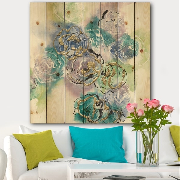 Designart 'Pastel Foral Composition I' Cabin & Lodge Print on Natural Pine Wood - Blue