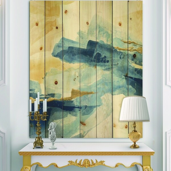 Designart 'Metallic Gold Indigo II' Modern Glam Print on Natural Pine Wood - Blue