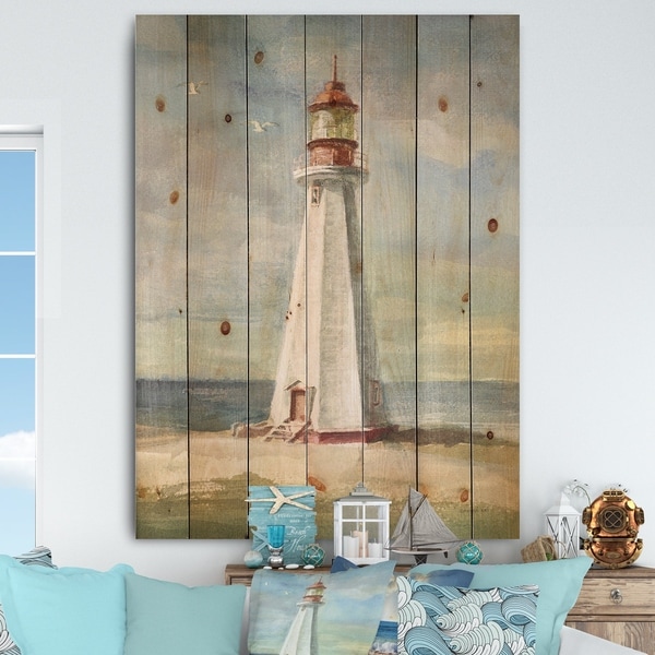 Designart 'Nautical Lighthouse III' Nautical & Beach Print on Natural Pine Wood - Blue/Red