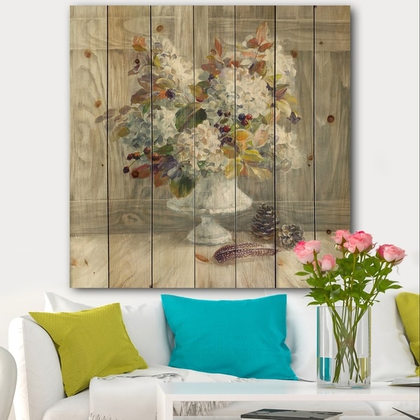 Designart 'Rustic Florals White' Cabin & Lodge Print on Natural Pine Wood - Grey/Brown