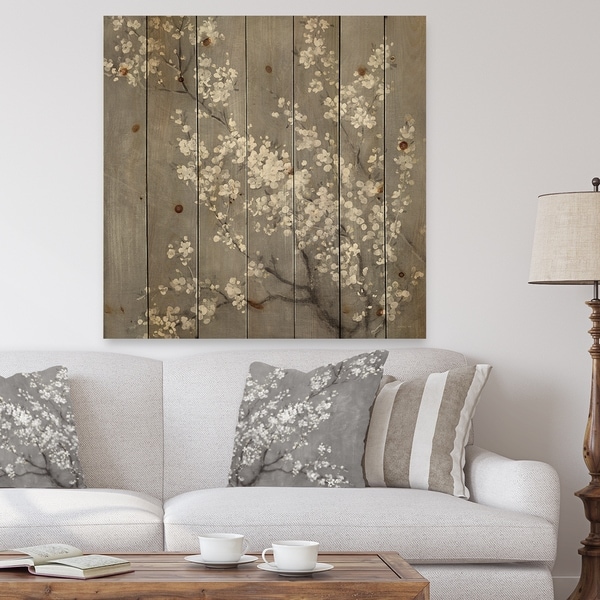 Designart 'White Cherry Blossoms II' Traditional Print on Natural Pine Wood - Black/White