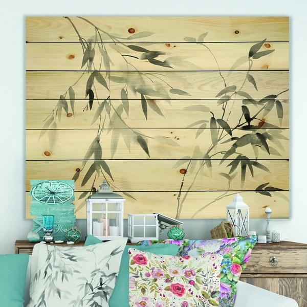 Designart 'Bamboo Leaves II' Farmhouse Print on Natural Pine Wood - Black/White