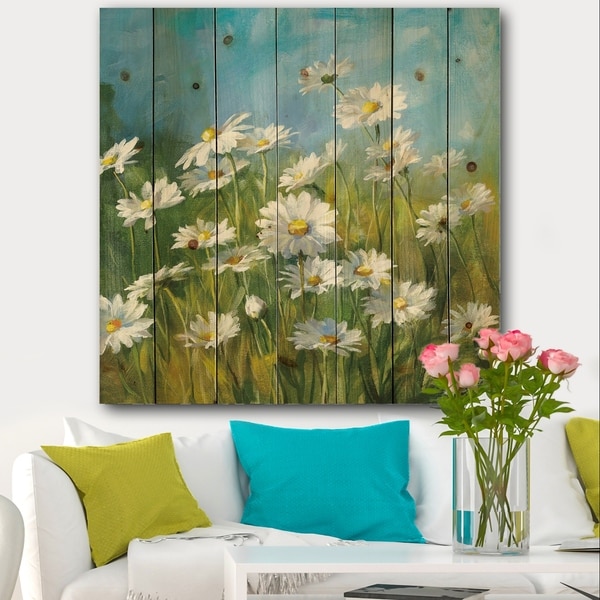 Designart 'Summer Field II' Traditional Print on Natural Pine Wood - Blue