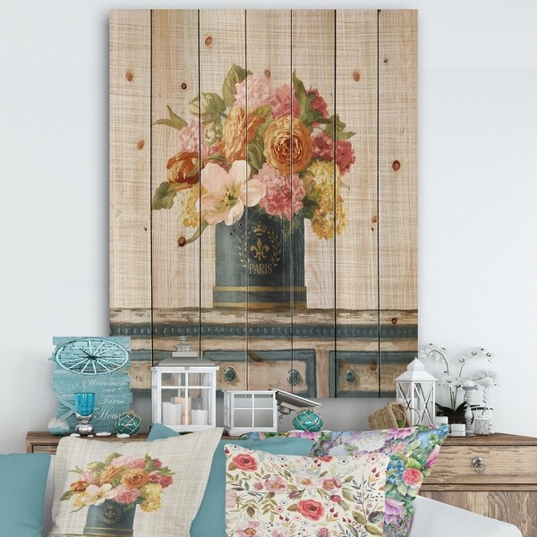 Designart 'Tulips in Teal and Gold Hatbox on Linen' Cabin & Lodge Print on Natural Pine Wood - Multi-color
