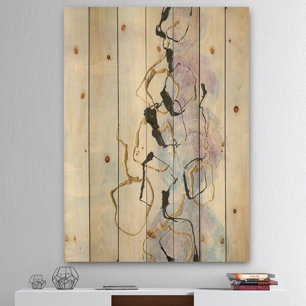 Designart 'Gold Lines on Pastel I' Modern Glam Print on Natural Pine Wood - Purple