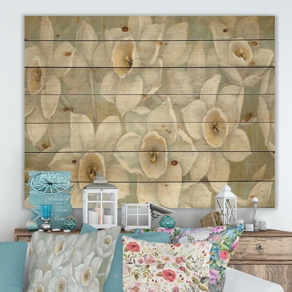 Designart 'Pure Pastel White flowers' Farmhouse Print on Natural Pine Wood