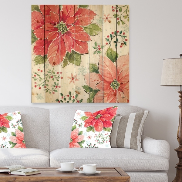 Designart 'Country Flower snowflakes III' Farmhouse Print on Natural Pine Wood - Red