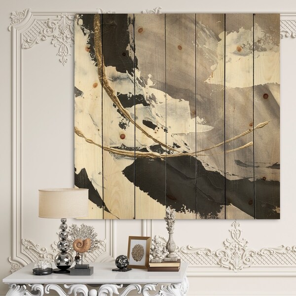 Designart 'Glam Printed Arcs II' Transitional Print on Natural Pine Wood - Black