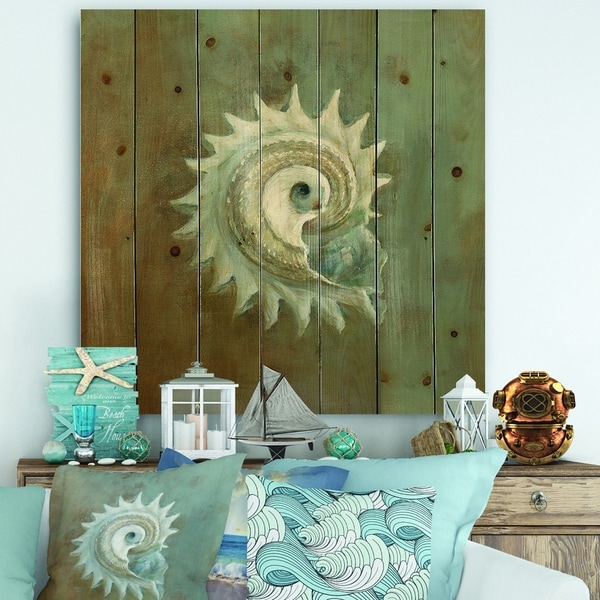 Designart 'Seashell Treasures from the Sea III' Nautical & Coastal Print on Natural Pine Wood - Blue