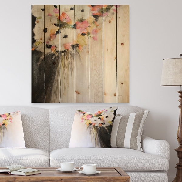 Designart 'Pink Pastel Flowers' Farmhouse Print on Natural Pine Wood - Pink/White
