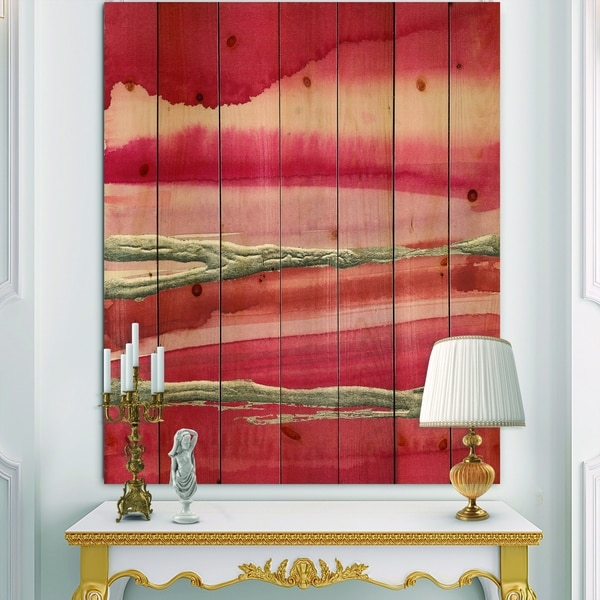 Designart 'Metallic Glam on Red' Modern Glam Print on Natural Pine Wood - Red