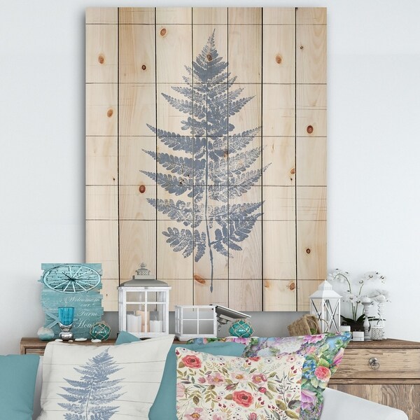 Designart 'Blue Fern Print on wood I' Cabin & Lodge Print on Natural Pine Wood - Blue