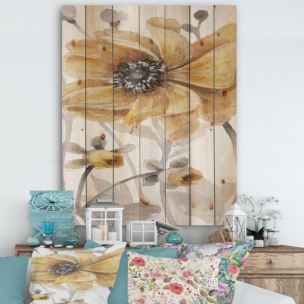 Designart 'Fields of Gold VIII' Farmhouse Print on Natural Pine Wood - Orange
