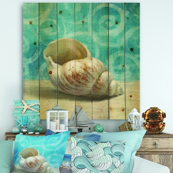 Designart 'Composition from the Sea IV' Nautical & Coastal Print on Natural Pine Wood - Blue