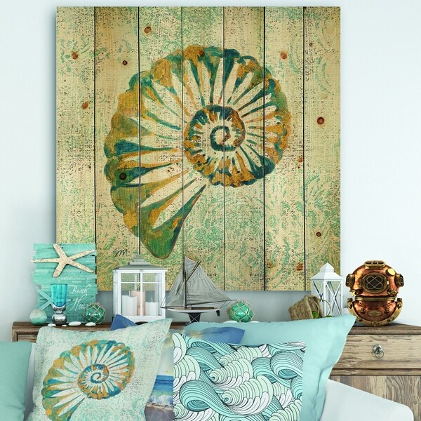 Designart 'Spiral Shell' Nautical & Coastal Print on Natural Pine Wood - Blue