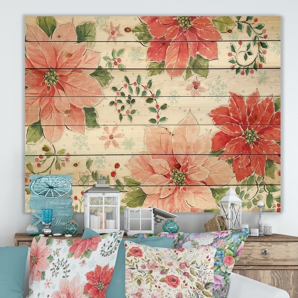 Designart 'Country Flower snowflakes I' Farmhouse Print on Natural Pine Wood - Pink/Red