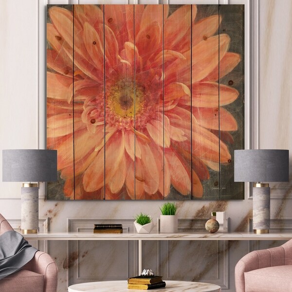 Designart 'Vivid Orange Daisy II' Shabby Chic Print on Natural Pine Wood - Pink
