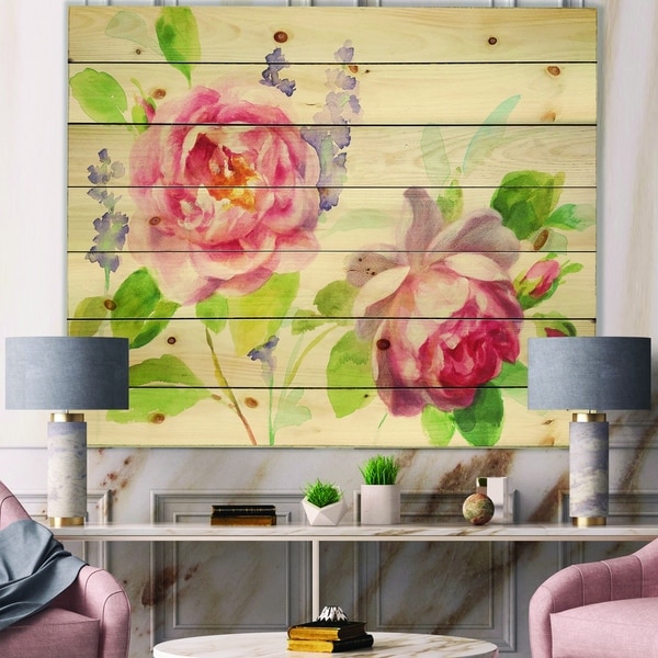 Designart 'Watercolor Roses Bouqet' Shabby Chic Print on Natural Pine Wood - Green/Red